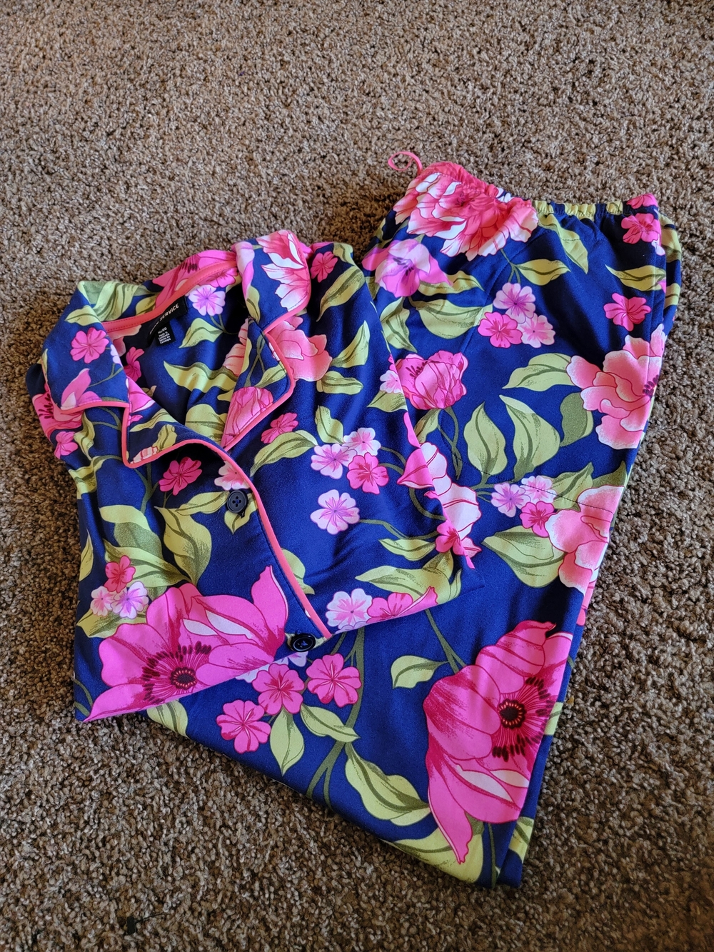 Floral Button-Front Pajama Set - Navy & Pink